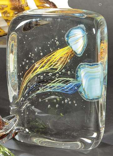 Jellyfish in quadrangular block of Murano glass. Marked and ...