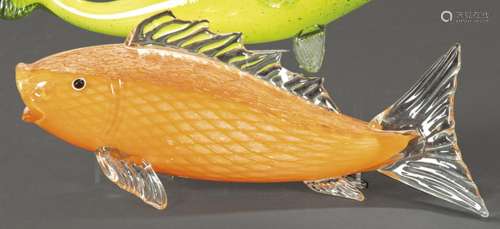 Fish in blown Murano glass. With orange grid pattern and ave...