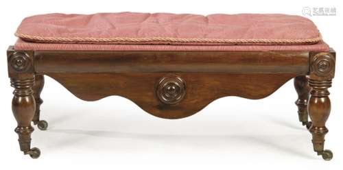 Victorian bench with turned legs and mahogany trimmed skirt,...