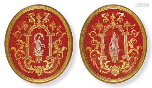 Pair of eglomised and painted glass tondos, 20th century. Fo...