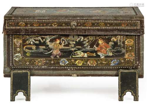 Chest in camphor wood, decorated, studded and polychromed wi...