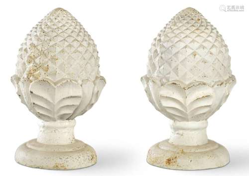 Pair of white painted cast iron pine cones for garden. Heigh...
