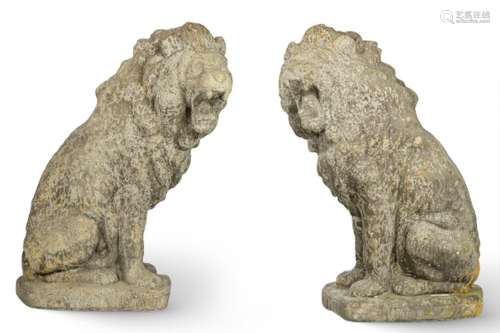 Pair of garden lions, carved in sandstone. size: 72 x 27 x 3...