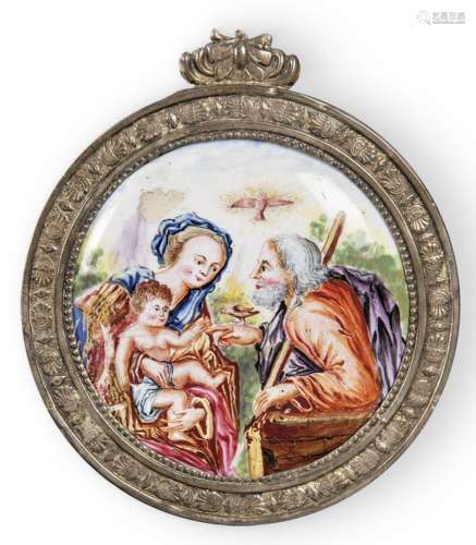 Holy Family. Majorcan enamel circular medallion XVIIIth cent...
