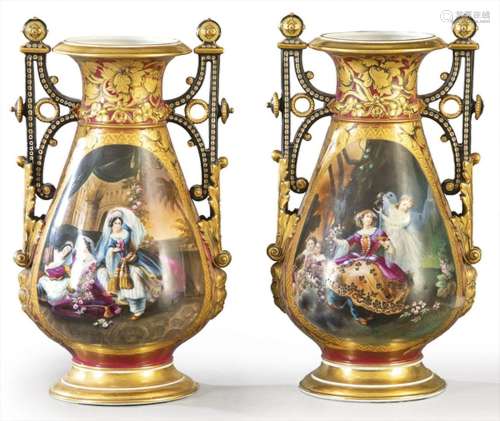 Pair of Napoleon III vases in Paris enamelled porcelain, wit...