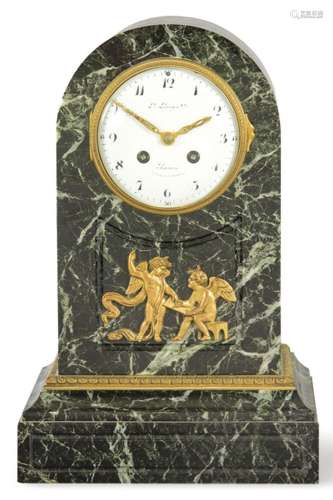 Napoleon III table clock, Louis XVI style in green marble wi...