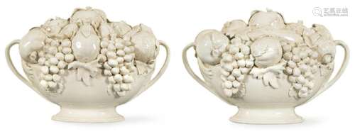 Pair of centrepieces in the form of fruit cups in white glaz...