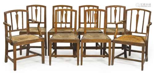 Set of six chairs and two armchairs in oak wood, with cut ba...