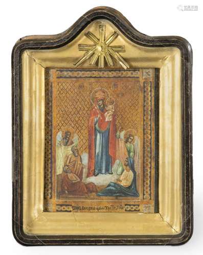 Virgin and Child, Angels and Saints. Russian icon painted an...