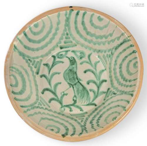 Green fajalauza glazed lebrillo with bird decoration on the ...