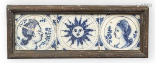 Panel of three blue and white glazed ceramic tiles "Del...