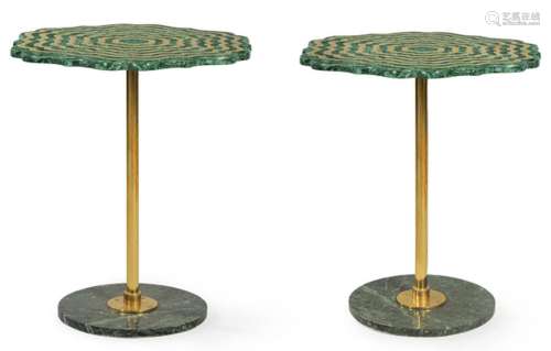 Pair of side tables with poly-lobed top in malachite stone w...