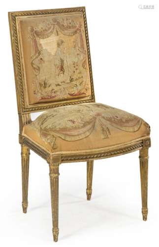 Louis XVI style chair in carved and gilded wood, with Aubuss...