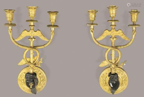 Pair of sconces Empire gilt and patinated bronze, France pp....