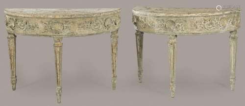 Pair of neoclassical style consoles in painted and pickled w...