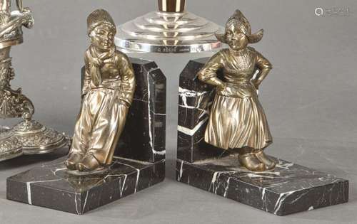 Pair of patinated metal bookends with a pair of Dutchmen, Fr...