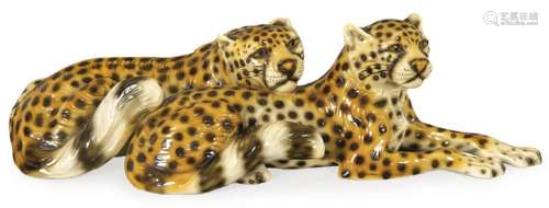 Figures of cheetahs in glazed ceramic by Barotti. Italy, 196...