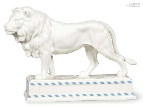 Lion in white enamelled porcelain by Selb, with seal and sig...