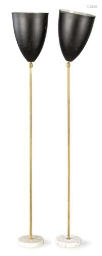 Pair of floor lamps with white marble base, gilded metal sha...