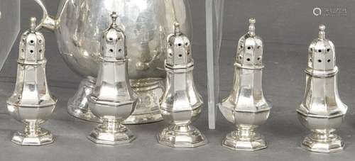 Five Spanish silver salt shakers stamped 1st Law of Pasgorcy...