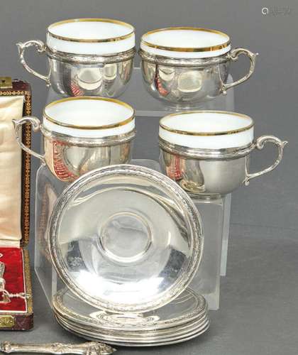 Set of six cups with plates and wells in punched Spanish sil...