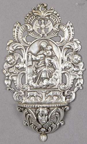 Blessing box in Spanish silver stamped with "Virgen del...
