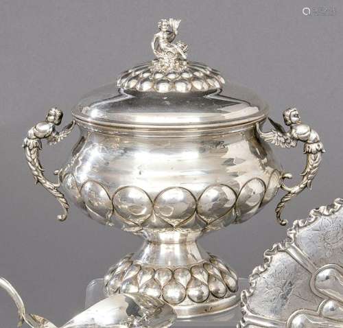 Spanish silver tureen punched 1st Law of Montejo. With gallo...