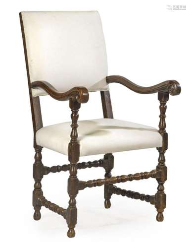 Louis XIV armchair in walnut wood with arms finished in scro...