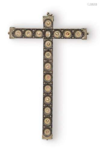 Colonial reliquary cross carved in wood with silver corner p...