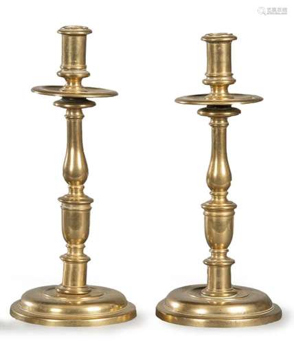Pair of gilt bronze candlesticks, balustrades, Spain 17th ce...