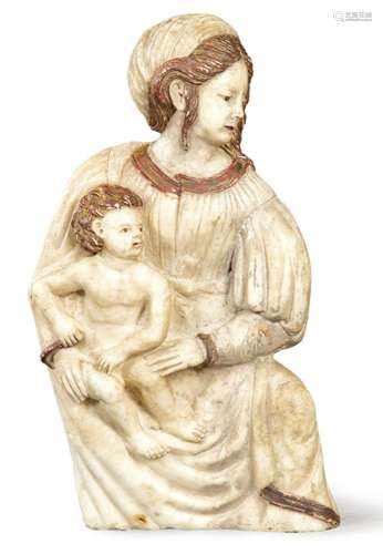 Virgin with the Child Bust carved in white marble, painted a...