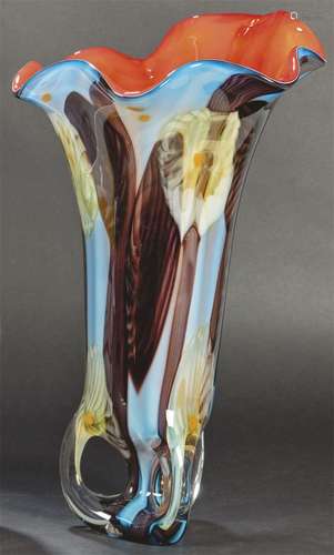 Murano glass vase bent h. 1970. With curly mouth, red interi...