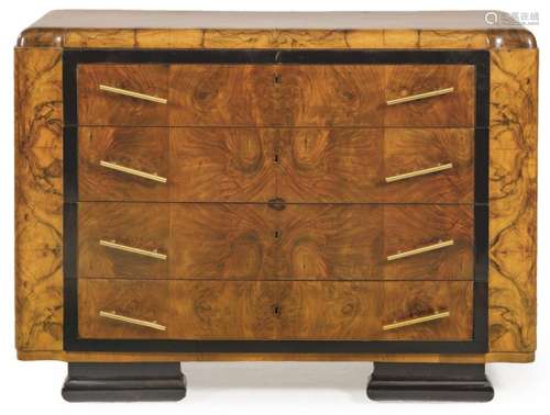 Art deco chest of drawers in walnut and walnut root and ebon...