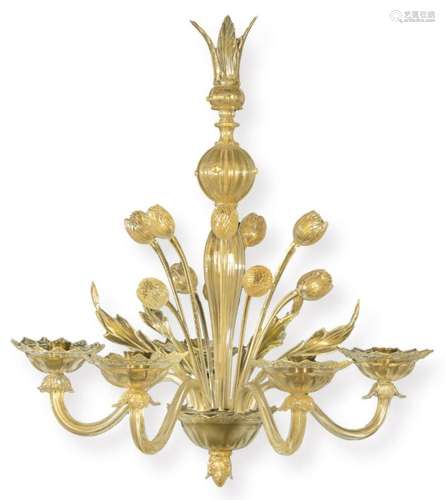 Ceiling lamp with four light arms in golden Murano glass wit...