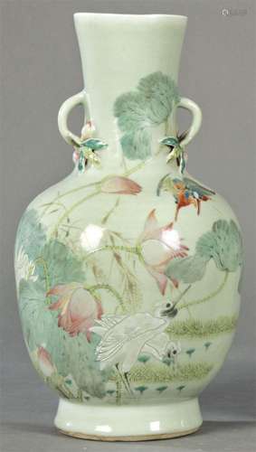 Chinese porcelain vase with green glaze and polychrome decor...