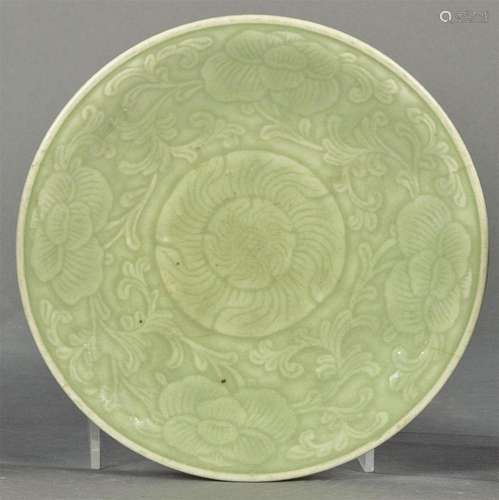 Celadon glazed Chinese ceramic plate with incised floral dec...