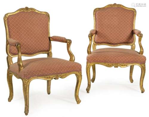 Pair of regency armchairs, with carved and gilded wood queen...