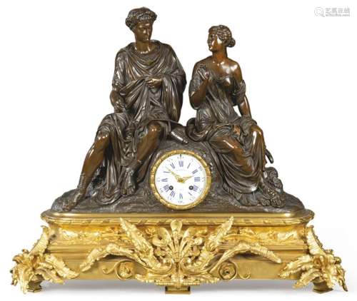 Louis XVI style Napoleon III table clock in gilt and blued b...
