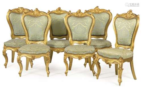 Set of six Louis XV style Elizabethan lounge chairs in carve...
