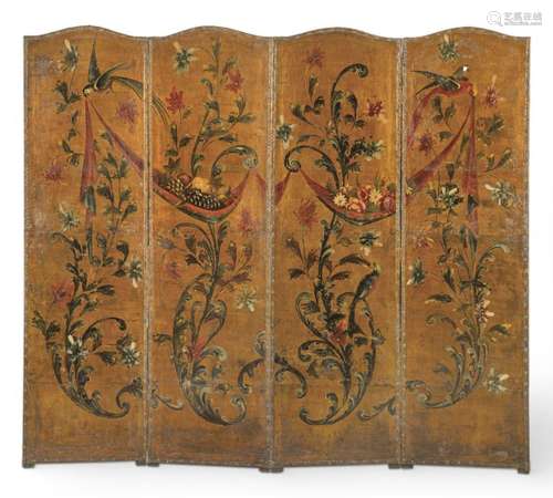 Four-leaf folding screen in painted leather, decorated with ...