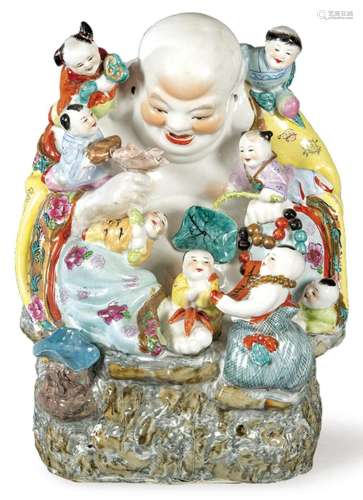 Ho-Shang with Children in polychrome porcelain, China 20th c...