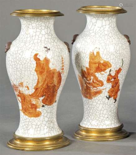 Pair of Chinese vases with crackle enamel and iron red decor...