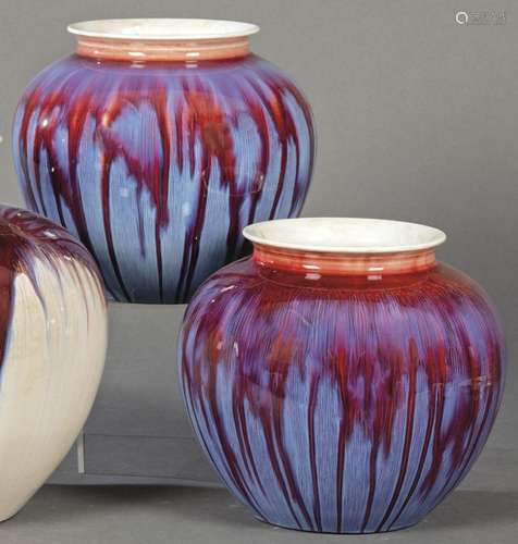 Pair of spherical Chinese porcelain vases with flambé glaze,...