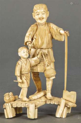 Father and Son carved in ivory pyrography, Japan, Meiji Peri...