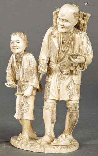 Father Lumberjack with his Son in carved ivory with touches ...