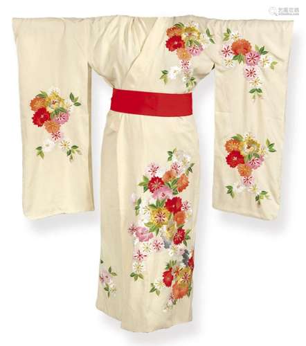 Raw silk Japanese kimono embroidered with colorful flowers a...