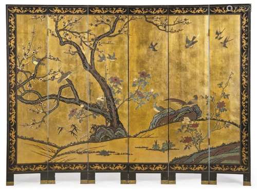Chinese screen with six leaves lacquered in black and gold w...