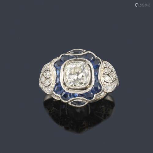 Art deco' style ring with antique cushion cut diam…