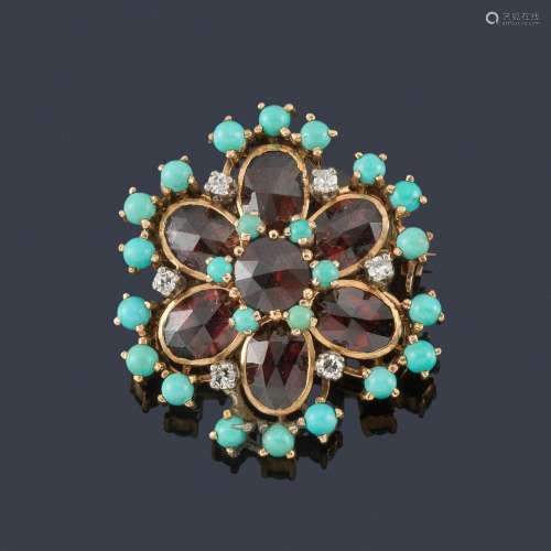 Circular brooch with 8/8 cut diamonds, turquoise a…