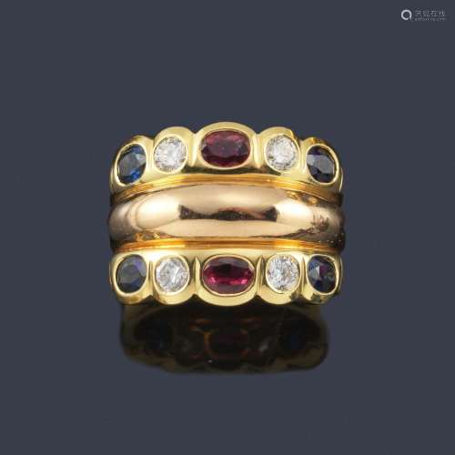 Wide ring with diamonds, rubies and sapphires with…